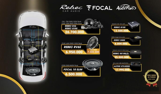 Combo âm thanh VJET 23 — Rebec EX6/EX50 + Focal + Alpine UTX-M08S