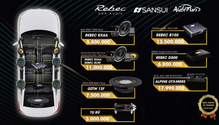 Combo âm thanh VJET 33 — Rebec RX6A/RL90 + B10S + Alpine UTX-M08S